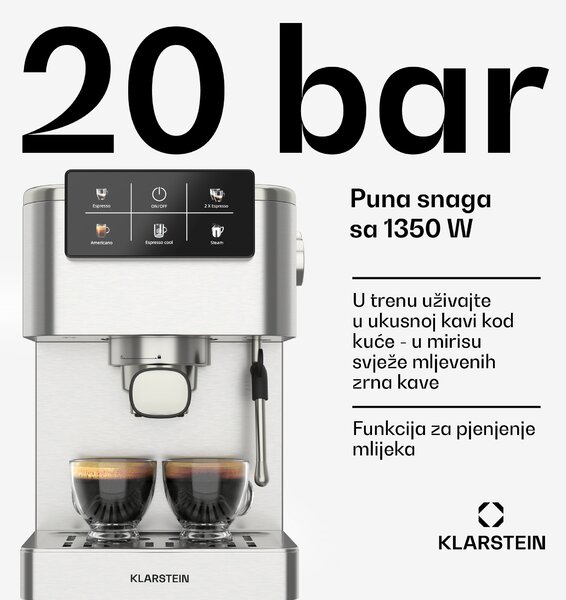 Klarstein SteelPresso Touch aparat za kavu s portafilterom, Zaslon osjetljiv na dodir, 20 bar, Nehrđajući čelik