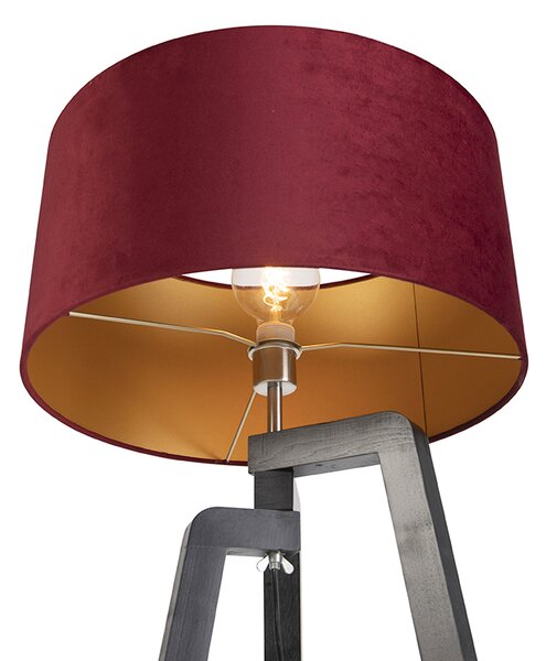 Podna lampa trokraka crna s crvenim sjenilom i zlatom 50 cm - Puros