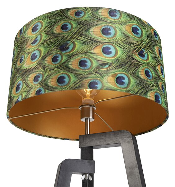 Podna lampa tronožac crna s abažurom s dizajnom pauna 50 cm - Puros