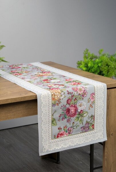Sivi goblen stolnjak s romantičnim tkanim cvjetnim uzorkom Širina: 40 cm | Duljina: 100 cm
