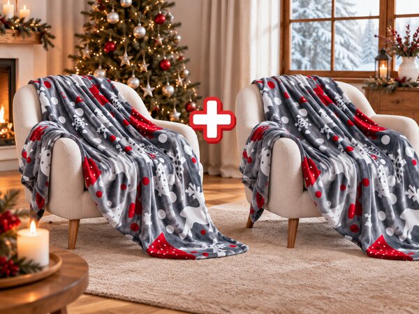 2x Siva božićna mikro plišana deka CHRISTMAS MAGIC 150x200 cm