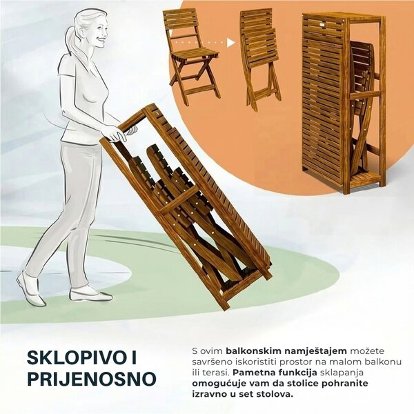 Balkonski set PATIO, 3-dijelni, prirodno drvo Casaria