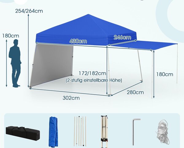 Pop-up paviljon 430 x 280 cm s 2 sklopive bočne ploče za tendu u plavoj boji