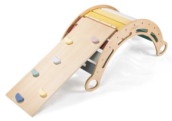 Drvena Montessori ljuljačka 100 cm 6u1 Max sa daskom i stolicom - set pastel