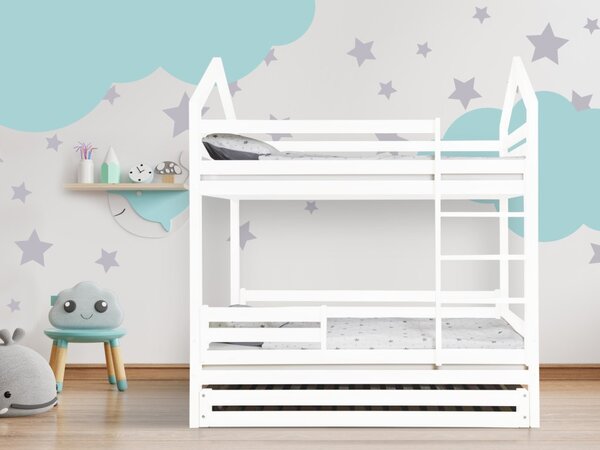 Bijeli krevet na kat u obliku kućice s opcionalnom ogradom dimenzija ležaja: 80 x 180 cm, ladica, nožice: s nožicama, bez ladice, Ogradice: Nijedna