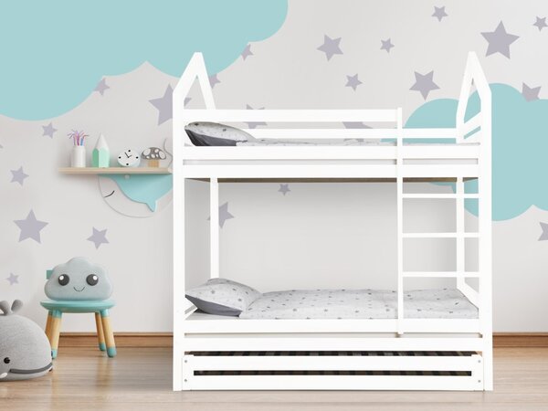 Bijeli krevet na kat u obliku kućice s opcionalnom ogradom dimenzija ležaja: 80 x 180 cm, ladica, nožice: s nožicama, bez ladice, Ogradice: Nijedna