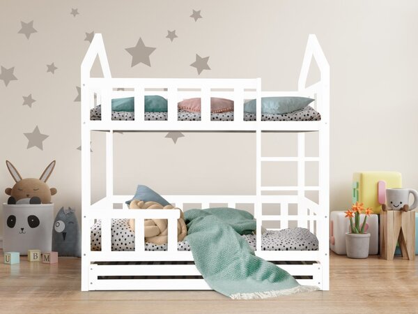 Krevet na kat u obliku kućice s okomitom ogradicom premium bijeli dimenzija ležaja: 80 x 160 cm, ladica, nožice: s nožicama, bez ladice