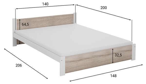 Krevet IKAROS 140 x 200 cm, bijela/hrast sonoma Podnica: Sa podnicom od letvi, Madrac: Madrac Deluxe 10 cm