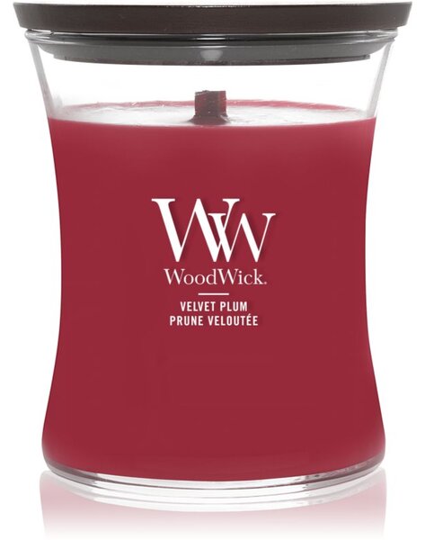 Woodwick Velvet Plum mirisna svijeća s drvenim fitiljem 275 g