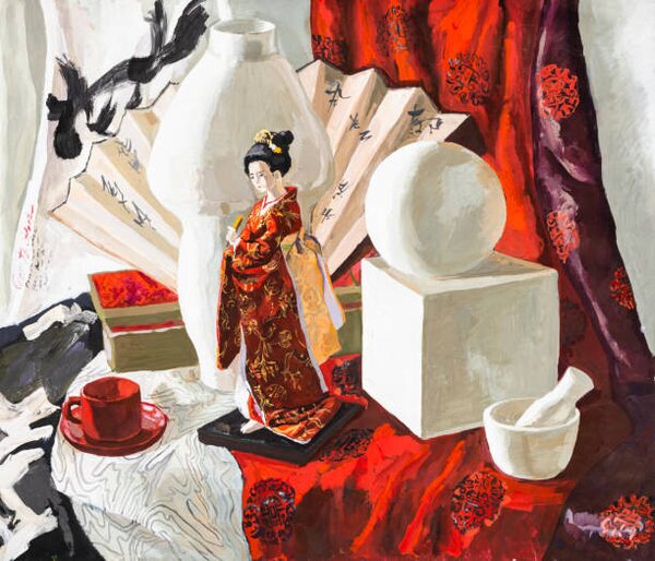 Ilustracija still life with Japanese doll, geometric shapes, VvoeVale, (40 x 35 cm)