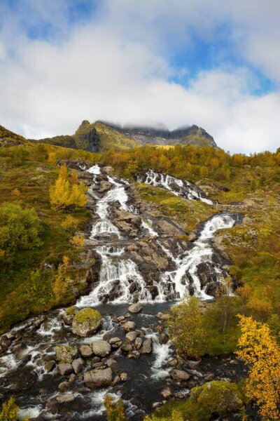 Umjetnička fotografija Lofoten waterfall on Moskenesoya, Lofoten, Norway, miroslav_1, (26.7 x 40 cm)