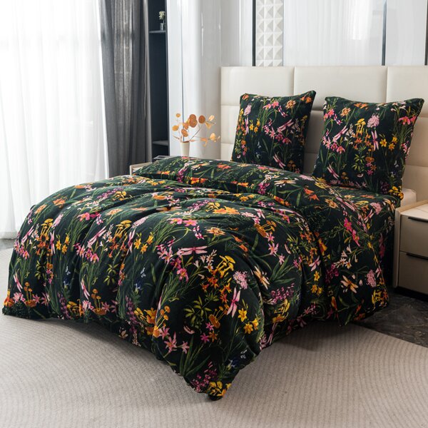 Set posteljine od mikropliša MYSTIC GARDEN tamno zelena + plahta od mikroplyša SOFT 90x200 cm bijela, jednokrevetno