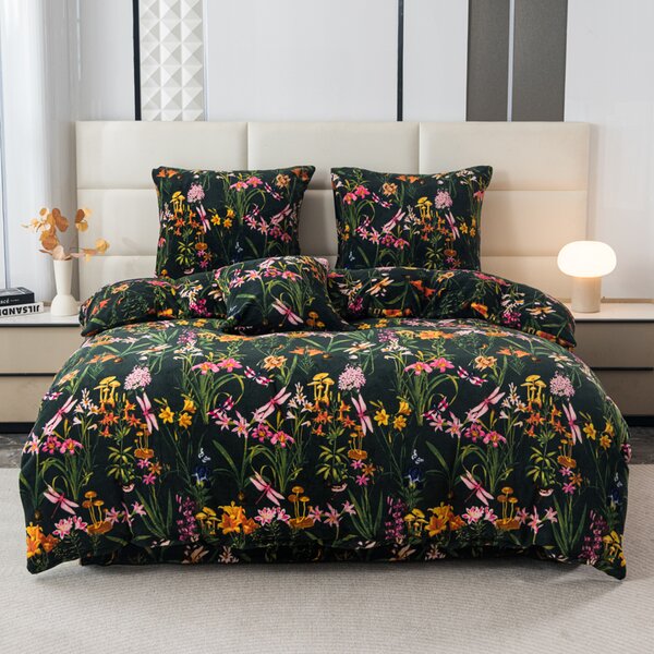 Set posteljine od mikropliša MYSTIC GARDEN tamno zelena + plahta od mikroplyša SOFT 90x200 cm bijela, jednokrevetno