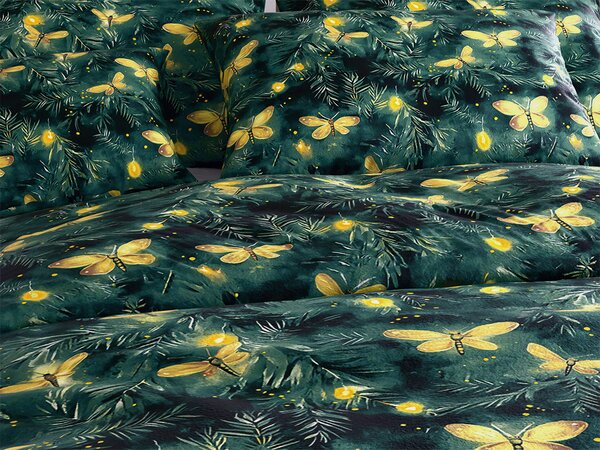 Set posteljine od mikropliša YELLOW BUTTERFLY tamno zelena + plahta od mikropliša SOFT 90x200 cm bijela, jednokrevetna