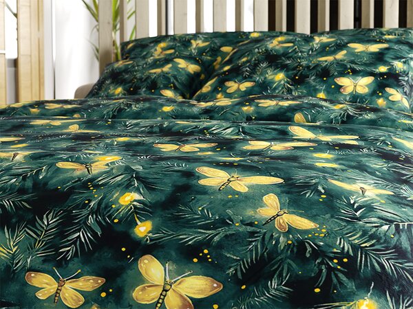 Set posteljine od mikropliša YELLOW BUTTERFLY tamno zelena + plahta od mikropliša SOFT 90x200 cm bijela, jednokrevetna