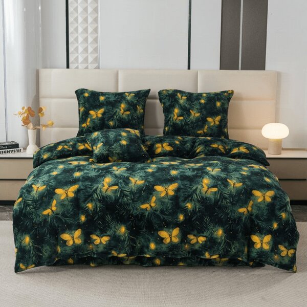 Set posteljine od mikropliša YELLOW BUTTERFLY tamno zelena + plahta od mikropliša SOFT 90x200 cm bijela, jednokrevetna