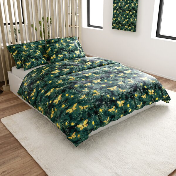 Set posteljine od mikropliša YELLOW BUTTERFLY tamno zelena + plahta od mikropliša SOFT 90x200 cm bijela, jednokrevetna