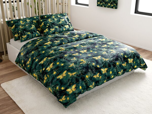 Set posteljine od mikropliša YELLOW BUTTERFLY tamno zelena + plahta od mikropliša SOFT 90x200 cm bijela, jednokrevetna