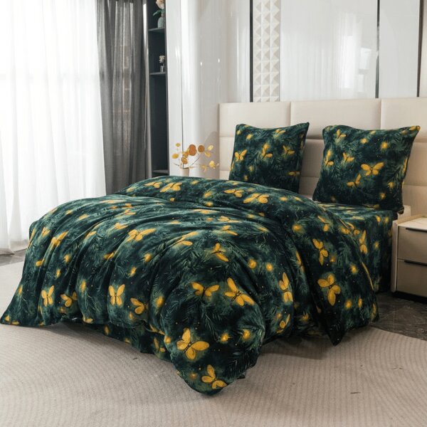 Set posteljine od mikropliša YELLOW BUTTERFLY tamno zelena + plahta od mikropliša SOFT 90x200 cm bijela, jednokrevetna