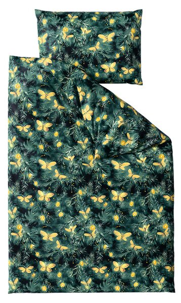 Set posteljine od mikropliša YELLOW BUTTERFLY tamno zelena + plahta od mikropliša SOFT 90x200 cm bijela, jednokrevetna