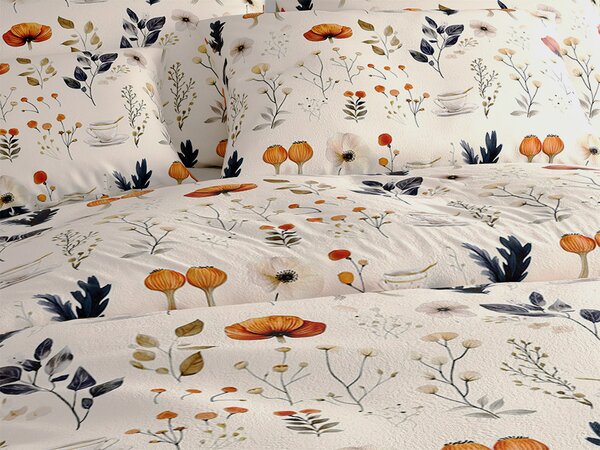 Set posteljine od mikropliša PAPAVA krem + plahta od mikropliša SOFT 180x200 cm bijela, bračni krevet