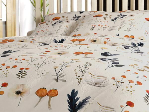 Set posteljine od mikropliša PAPAVA krem + plahta od mikropliša SOFT 180x200 cm bijela, bračni krevet