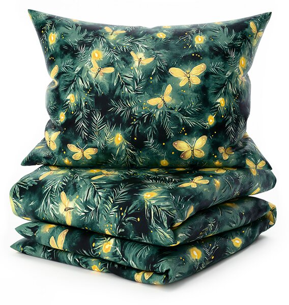 Set posteljine od mikropliša YELLOW BUTTERFLY tamno zelena + plahta od mikropliša SOFT 90x200 cm bijela, jednokrevetna