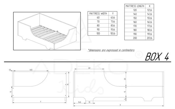 Dječji krevetić od borovine Adeko Mila BOX 4, 90 x 180 cm
