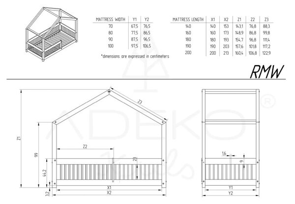 Dječji krevet od masivnog bora u obliku kućice 120x200 cm u prirodnoj boji Mila RMW – Adeko