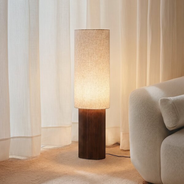 Lindby Kimiko podna lampa, visina 100 cm, orah, tkanina, Drvo, Dnevni boravak/blagovaonica, Tkanina / tekstil
