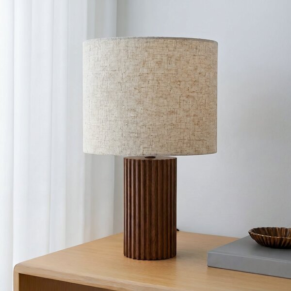 Lindby Kimiko stolna lampa, visina 38 cm, orah, tkanina, Drvo, Dnevni boravak/blagovaonica, Tkanina / tekstil