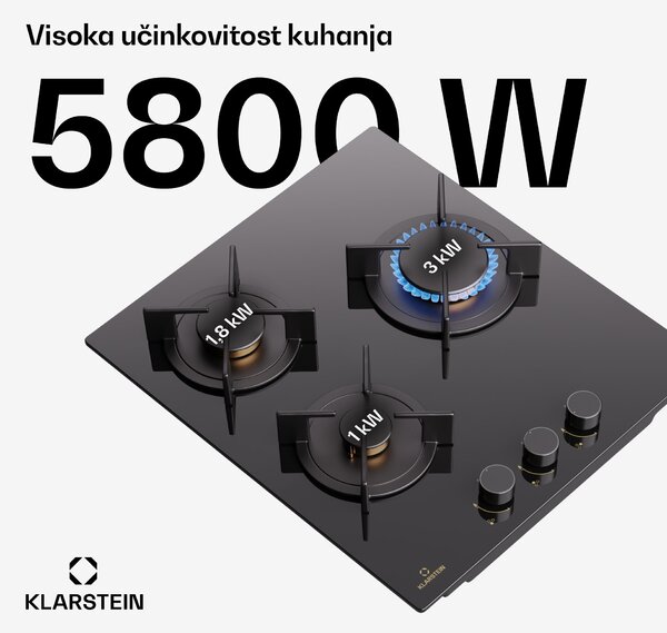 Klarstein Goldflame Domino, plinska ploča za kuhanje, 3 mesingana plamenika, nehrđajući čelik