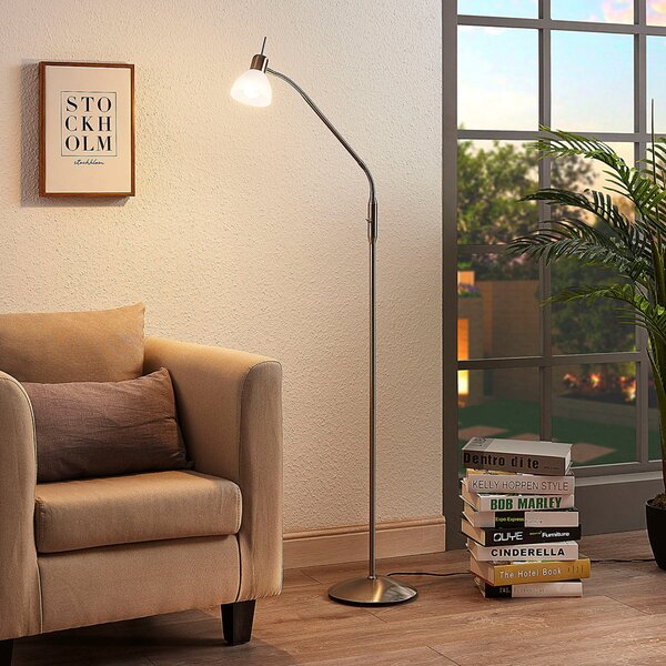 Lindby podna lampa Gwendolin, 160 cm, staklo, E14, podesiva, Metalik, Dnevni boravak/blagovaonica, Metal, Stanite zračeći prema dolje
