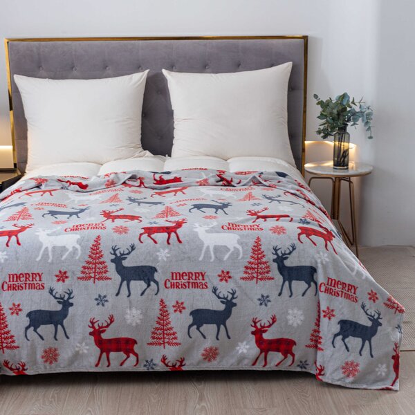 Božićna deka od mikropliša MERRY CHRISTMAS DEER siva Dimenzije: 160 x 200 cm