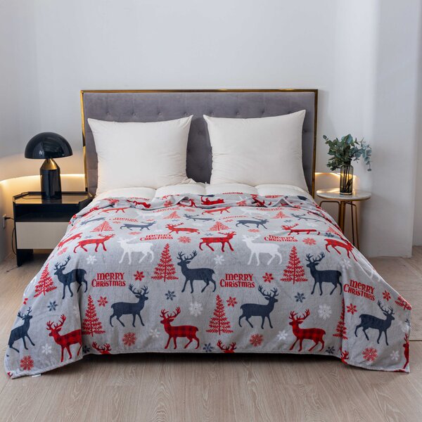 Božićna deka od mikropliša MERRY CHRISTMAS DEER siva Dimenzije: 160 x 200 cm