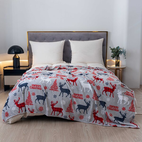 Božićna deka od mikropliša MERRY CHRISTMAS DEER siva Dimenzije: 160 x 200 cm