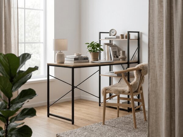 Radni stol s policom LOFTY 120x60 cm, crni / dekor hrasta