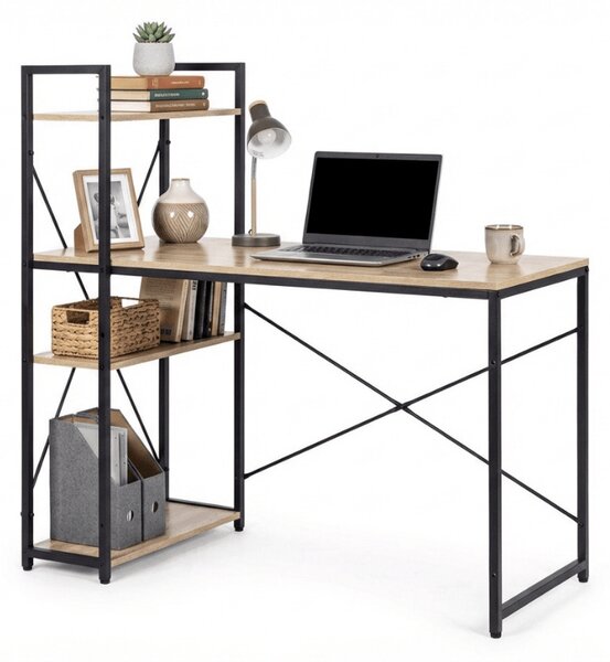 Radni stol s policom LOFTY 120x60 cm, crni / dekor hrasta