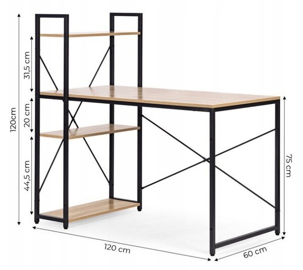 Radni stol s policom LOFTY 120x60 cm, crni / dekor hrasta