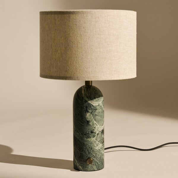 GUBI Gravity mala stolna lampa, zeleni mramor, kremasto platno, prigušiva, Zelena, Dnevni boravak/blagovaonica, Kamen