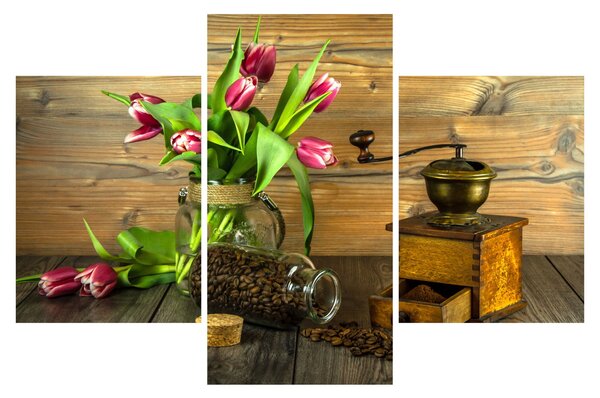 Slika - tulipani, mlinac i kava (90x60 cm)