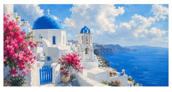 Slika cvjetni Santorini pod ljetnim nebom