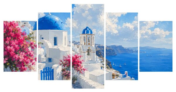 5-dijelna slika bijele kućice Santorinija uz more