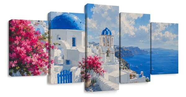 5-dijelna slika bijele kućice Santorinija uz more