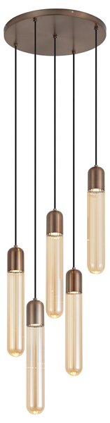 Art Deco hanglamp donker brons met ribbel glas 5-lichts - Walcott