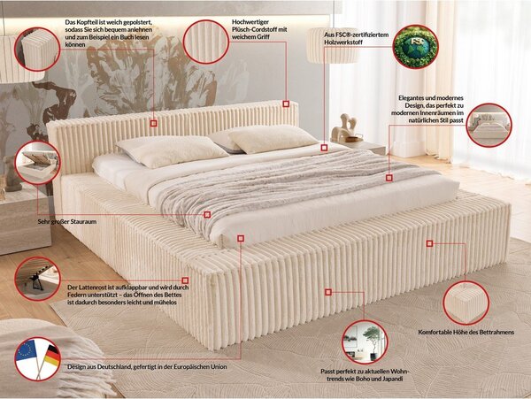 Bež tapecirani bračni krevet s prostorom za odlaganje s podnicom 160x200 cm Cloe – Ropez