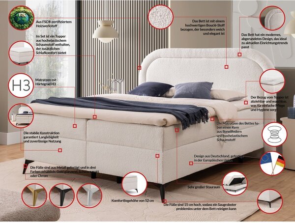 Bijeli boxspring krevet s prostorom za odlaganje 140x200 cm Ornes – Ropez