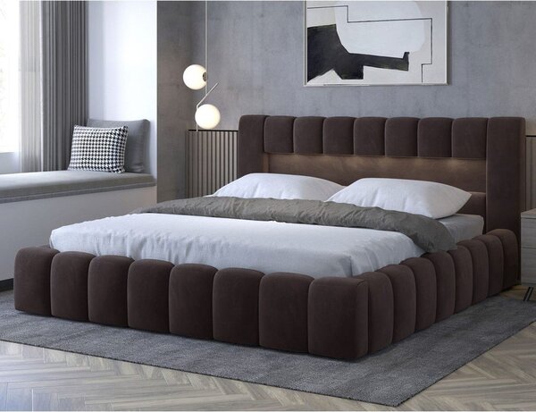 Tamno smeđi tapecirani bračni krevet s prostorom za odlaganje s podnicom 160x200 cm Lamica – ELTAP