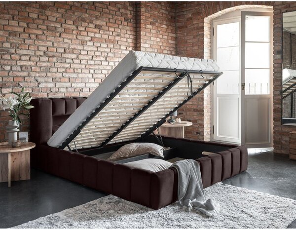 Tamno smeđi tapecirani bračni krevet s prostorom za odlaganje s podnicom 160x200 cm Lamica – ELTAP