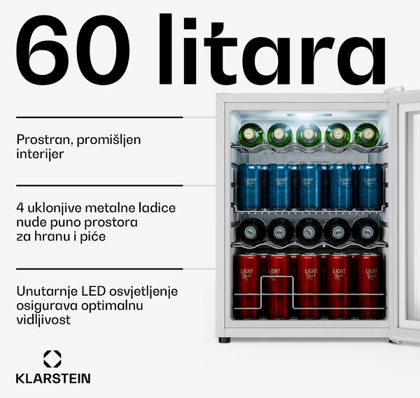 Klarstein Hladnjak za pića Beersafe sa staklenim zrcalnim vratima | 64 x 48 cm | 60 litara | 85 W | Bijela
